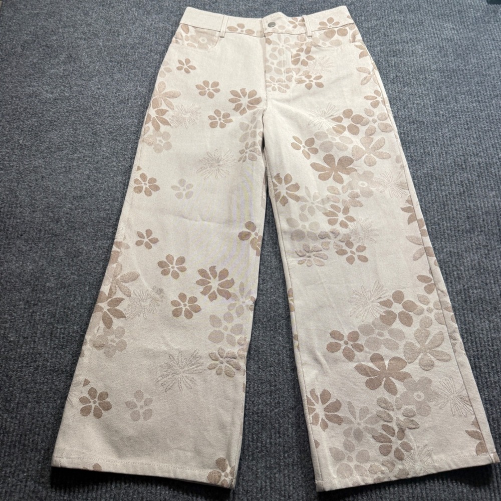 Lovlov Floral Jacquard Wide Leg Pants Womens Small Cream Tan Cottagecore Chic